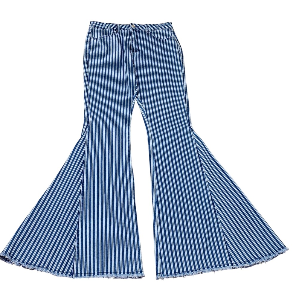 Wisteria Lane Jeans Womens Medium Blue Stripe High Rise Flare Stretch 31x35